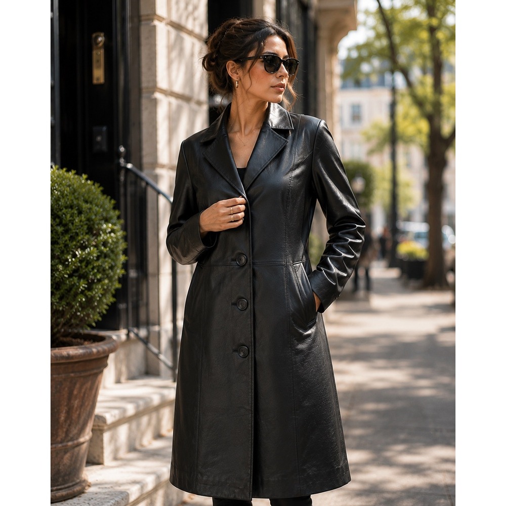 Black‎ Genuine Leather Matrix-Style Long Coat Minimalist Tailored Jacket Size M